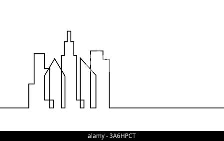 Città di linea. Singola città di lineart nera isolata su sfondo bianco. Creazione di un disegno continuo su una linea. Icona grafica disegnata a mano sulla linea. Disegna lo skyline Illustrazione Vettoriale
