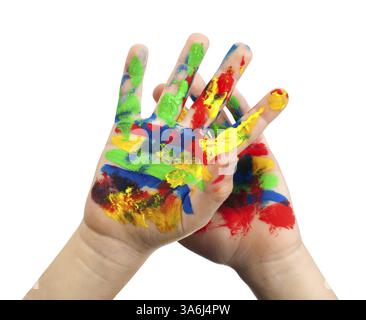 I bambini con le mani in mano verniciato con vernice colorata. White isolato Foto Stock