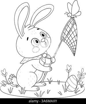 Coniglietto pasquale con pagina di colorazione della rete di destinazione. Stile grafico disegnato a mano. Coniglio o lepre catturano una farfalla in un prato con fiori, libro da colorare dei personaggi delle feste natalizie primaverili. Illustrazione Vettoriale