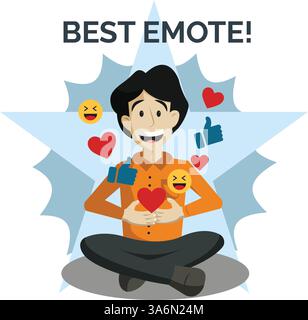 Felice personaggio maschile con reazioni emoji Social media Vector Illustrazione Vettoriale