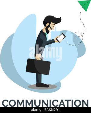 Personaggio maschile che usa il cellulare Social media Vector Illustrazione Vettoriale