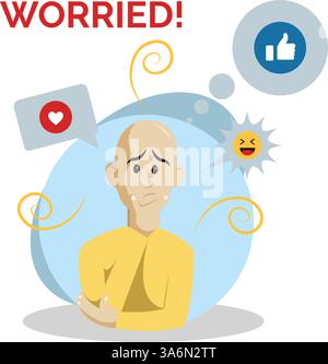Personaggio maschile preoccupato con le reazioni dei social media Vector Illustrazione Vettoriale