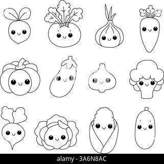 Set di verdura in stile kawaii. Set di 12 verdure Illustrazione Vettoriale