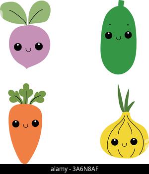 Set di verdure a cartoni animati con volti carini. Personaggi in stile Kawaii Illustrazione Vettoriale