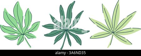 Foglie tropicali disegnate a mano con tre foglie di palma stilizzate in varie sfumature di verde. Stile minimalista. Ideale per ecocompatibilità Illustrazione Vettoriale