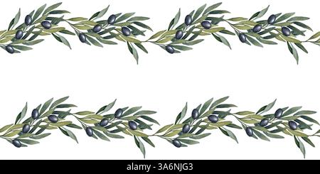 Illustrazione ad acquerello disegnata a mano di rami di ulivo con olive verdi e nere. Composizione botanica naturale con foglie e frutti. Perfetto per Foto Stock