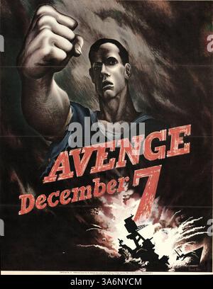 Questo poster dell'era della seconda guerra mondiale mostra un marinaio in uniforme strappata, che alza un pugno armato mentre una nave esplode sullo sfondo, simboleggiando la richiesta di vendetta dopo l'attacco a Pearl Harbor. Foto Stock