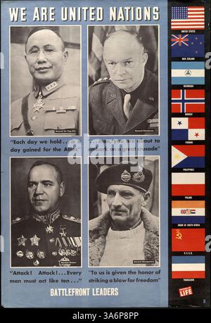 Foto e citazioni di importanti generali della seconda guerra mondiale, tra cui ho Ying-Chin, Eisenhower, Zhukov e Montgomery, riflettete sulla loro leadership negli sforzi alleati, accompagnati dalle bandiere di varie nazioni coinvolte nella guerra. Foto Stock