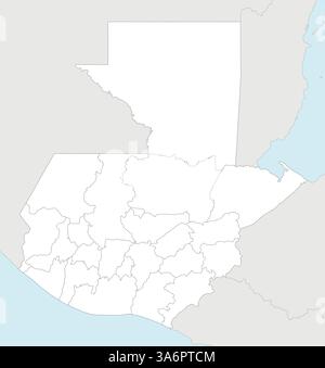 Mappa vettoriale regionale in bianco del Guatemala con dipartimenti e divisioni amministrative e paesi e territori limitrofi. Modificabile e chiaro Illustrazione Vettoriale