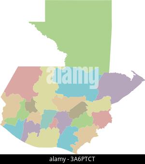 Mappa vettoriale regionale in bianco del Guatemala con dipartimenti o territori e divisioni amministrative. Livelli modificabili ed etichettati in modo chiaro. Illustrazione Vettoriale