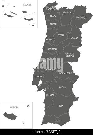Mappa regionale vettoriale del Portogallo con distretti, regioni o territori autonomi e divisioni amministrative. Livelli modificabili ed etichettati in modo chiaro. Illustrazione Vettoriale