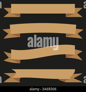 Striscioni a nastro dorati. Eleganti forme curve. Elementi decorativi vuoti. Sfondo vettoriale scuro. Illustrazione Vettoriale