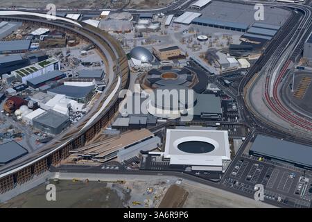 Vista aerea della sede dell'Expo 2025 sull'isola di Yumeshima nella prefettura di Osaka, Giappone, 21 marzo 2025. Expo 2025 è previsto per sei mesi dal 13 aprile al 13 ottobre. Crediti: Wataru Kojo/AFLO/Alamy Live News Foto Stock