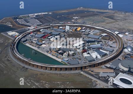Vista aerea della sede dell'Expo 2025 sull'isola di Yumeshima nella prefettura di Osaka, Giappone, 21 marzo 2025. Expo 2025 è previsto per sei mesi dal 13 aprile al 13 ottobre. Crediti: Wataru Kojo/AFLO/Alamy Live News Foto Stock