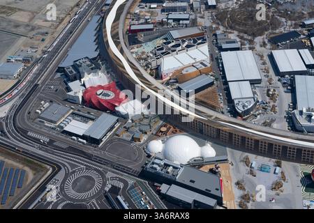 Vista aerea della sede dell'Expo 2025 sull'isola di Yumeshima nella prefettura di Osaka, Giappone, 21 marzo 2025. Expo 2025 è previsto per sei mesi dal 13 aprile al 13 ottobre. Crediti: Wataru Kojo/AFLO/Alamy Live News Foto Stock