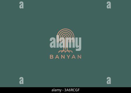 Design minimalista con logo Banyan Tree e moderno tocco artistico concetto lineare di lusso Illustrazione Vettoriale