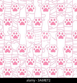 Le zampe dei gatti hanno un'impronta senza cuciture. Diverse mani di palmo gattino rosa su sfondo bianco. Design senza limiti in pelliccia di animali domestici per modello di sfondo per avvolgitore di carta. Illustrazione vettoriale carina Illustrazione Vettoriale