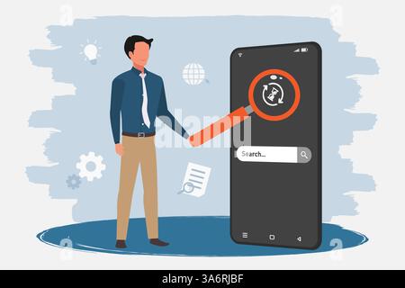 Uomo d'affari che usa lo smartphone per cercare informazioni. Ricerca di informazioni su Internet. Illustrazione Vettoriale