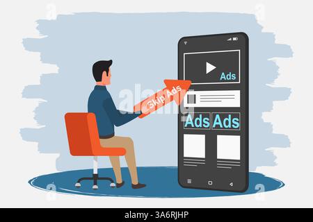 Uomo che vede una pubblicità sui social media sul suo smartphone. Concetto di strategia di marketing digitale. Illustrazione vettoriale. Illustrazione Vettoriale