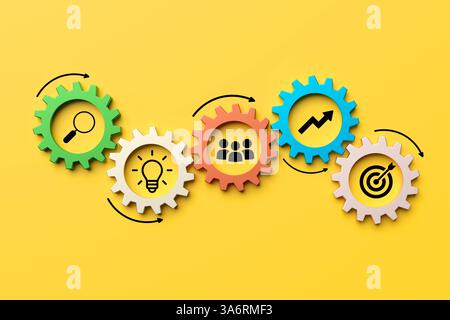 Ingranaggi colorati che simboleggiano la ricerca, la generazione di idee, il lavoro di squadra, la crescita e il raggiungimento degli obiettivi, illustrare un processo aziendale di successo. Rendering 3D. Foto Stock