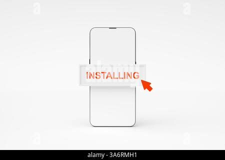 Sullo smartphone viene visualizzata una barra di avanzamento dell'installazione che viene caricata facendo clic su di essa con un grande cursore arancione. Rendering 3D. Foto Stock