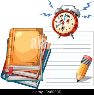 Vivace illustrazione vettoriale di libri, matita e sveglia su carta foderata. I colori brillanti e la composizione divertente esaltano i temi educativi Illustrazione Vettoriale