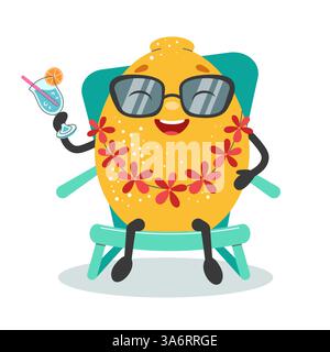 Divertente personaggio di limone in vacanza. Rilassatevi su una sedia con un drink. Illustrazione dei cartoni animati estivi. Adesivo Y2K. Illustrazione Vettoriale
