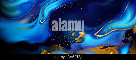 Sfondo di inchiostro liquido astratto blu e oro. Spruzzi di vivace vernice azzurra con scintillanti spruzzi dorati e macchie. Texture vorticosa in marmo, onde fluide, curve dinamiche. Design fluido e alla moda Illustrazione Vettoriale