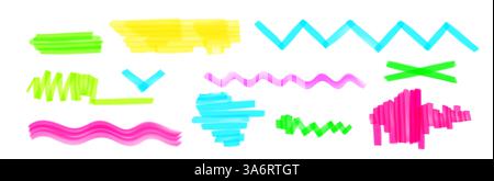 Tratti e linee di evidenziazione dai colori vivaci: Cornici disegnate a mano, pennelli molli, curve tratteggiate e scarabocchi a zigzag. Puntale in feltro per evidenziatore, materiale scolastico e per ufficio Illustrazione Vettoriale