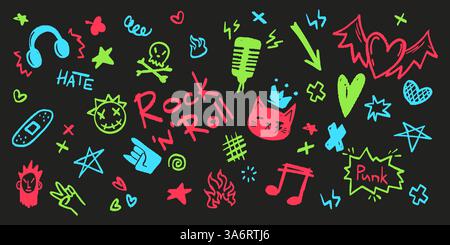 Icone di doodle neon punk rock dai colori vivaci. Vari simboli musicali disegnati a mano ed elementi graffiti in stile underground energico per adesivi, abbigliamento o tatuaggi. Forme testurizzate in pastello o gesso. Illustrazione Vettoriale