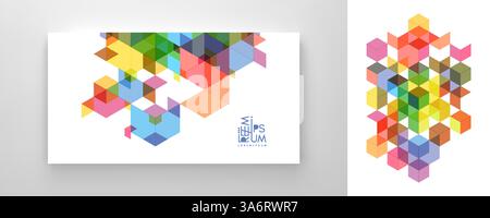 Modello di design della copertina. Sfondo geometrico astratto. Disegno trasparente di 3D cubi ed esagoni. Illustrazione vettoriale per striscioni, volantini, poster o. Illustrazione Vettoriale