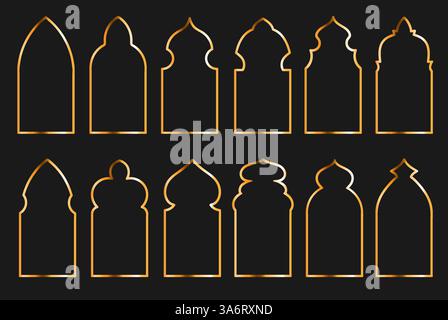Finestre orientali dorate. Cornici islamiche tradizionali, ramadan kareem, bordi dal design arabo, archi e porte musulmani, silhouette arabesche in oro, vuoto Illustrazione Vettoriale