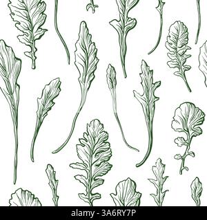Rucola lascia una texture senza cuciture. Stampa Vector vintage Nature su sfondo bianco. Insalata vitaminica biologica Illustrazione Vettoriale
