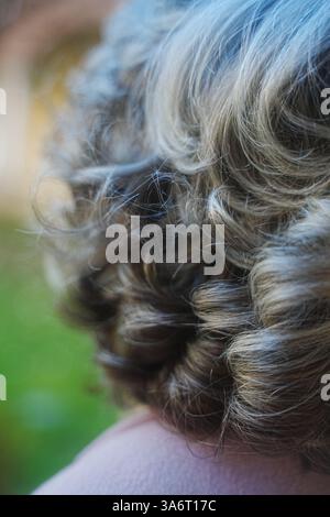 Primo piano dettagliato di capelli ricci con sfumature di grigio e marrone, su uno sfondo esterno sfocato. L'immagine evidenzia la texture e la naturale Foto Stock