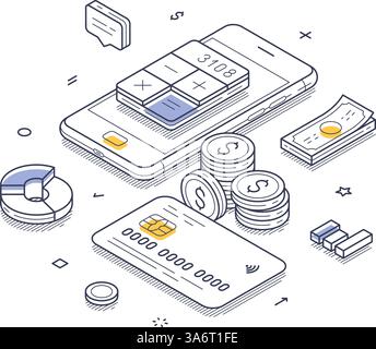 Smartphone che visualizza un'app di budget, monete e contanti, incapsulando le finanze familiari. Importanza della gestione del budget nella vita quotidiana. Isometrico moderno Illustrazione Vettoriale