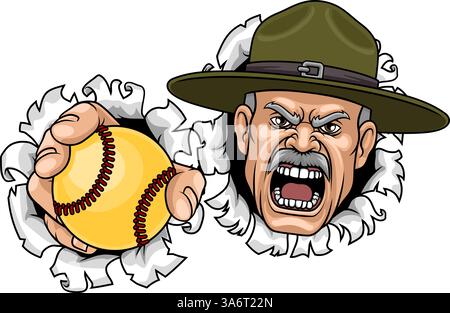 Istruttore di perforazione Sergente Bootcamp Softball Mascotte Illustrazione Vettoriale