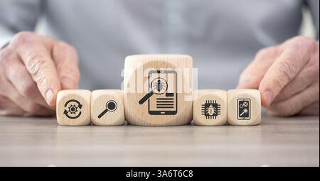 Blocchi di legno con simbolo del concetto di test software Foto Stock