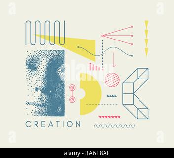 Concetto di scoperta, studio e apprendimento. E' ora di pensare. Uomo scienziato che pensa. Composizione artistica in stile memphis. Modello di design della copertina per il layout di Illustrazione Vettoriale