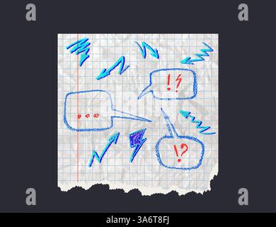 Pezzo di pagina con simboli di gilet di colore rosso. Finestre di dialogo blu scritte da pastello di cera su carta bianca frastagliata con griglia quadrata. Parte del blocco note strappato Illustrazione Vettoriale