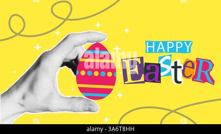 Vivace illustrazione delle festività con una mano mezzitinta che regge un uovo di Pasqua colorato su uno sfondo giallo brillante. Perfetto per biglietti d'auguri, p Illustrazione Vettoriale