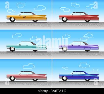 Colorate auto d'epoca retrò in vari design e Sky background display Illustrazione Vettoriale