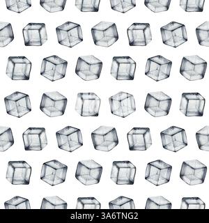 Motivo minimalista ad acquerello senza cuciture con cubetti di ghiaccio realistici. Ideale per marchi di bevande, imballaggi, design tessile, sfondi e sfondi eleganti. Foto Stock