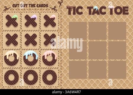 Gioco da tavolo TIC TAC TOE in waffle a tema . Gioco di strategia a cartoni animati vettoriali noughts e croci. Gioco di logica Sweet Board. Stampa, ritaglia le carte e gioca Illustrazione Vettoriale