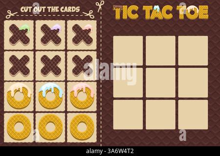 Gioco da tavolo TIC TAC TOE in waffle a tema . Gioco di strategia cartoni animati noughts e croci. Gioco di logica Sweet Board. Stampa, ritaglia le carte e gioca Illustrazione Vettoriale