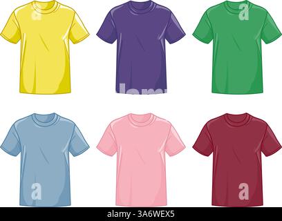 Collezione di T-shirt di diversi colori. Modelli per abbigliamento per magliette unisex, vista frontale. Modello di stampa tessuto vuoto per uno schizzo di moda. Illustrazione Vettoriale