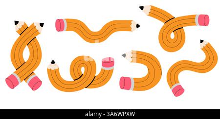 Illustrazione vettoriale delle matite. Matita semplice gialla flessibile ritorto in forme diverse come cuore, nodo, segno di spunta, piega uno, scarabocchi. Torna a. Illustrazione Vettoriale