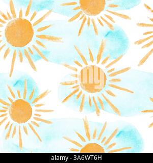 Grazioso motivo ad acquerello con sole e nuvole Foto Stock