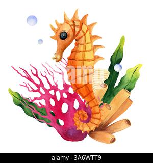 Cavalluccio marino con coralli e alghe marine. Illustrazione ad acquerello disegnata a mano. Per la decorazione e la progettazione di stampe estive e da spiaggia, adesivi, cartoline e cartoline Foto Stock