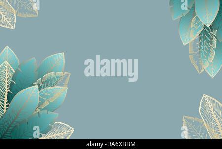 Cornice blu pallido con foglie tropicali dorate Illustrazione Vettoriale