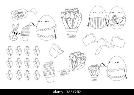 Set di pagine da colorare Pasqua in bianco e nero con tulipani, uova decorative, lattine da innaffiare, giardinaggio ed elementi festivi. Illustrazione Vettoriale